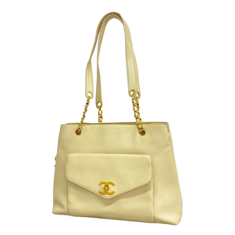 Chanel Tote Bag/Chain Tote, Caviar Leather, Ivory, Women's